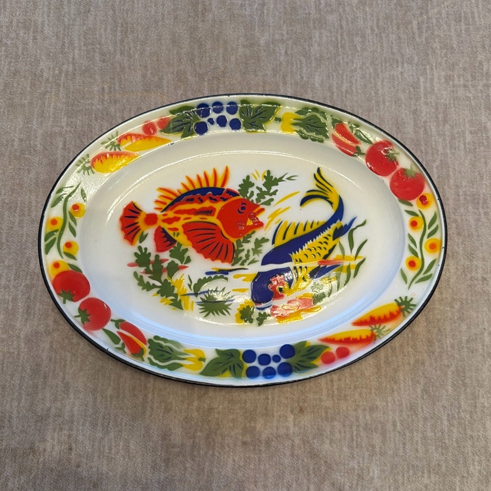 VTG Enamelware Vibrant Fish Design Oval Plate